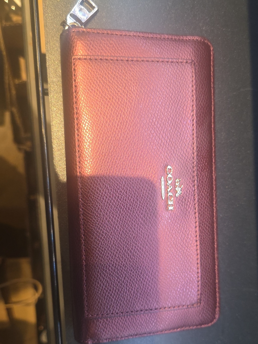 Coach Burgundy Zip Card Wallet with Gold Logo
